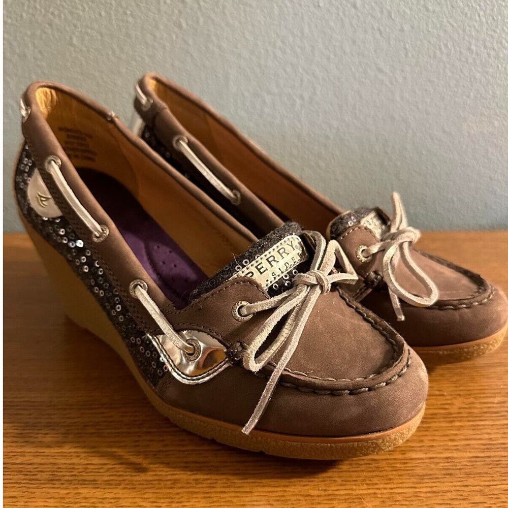 Sperry Top Womens 8.5M Brown Suede Sliders Cream Sequins Silver Wedges Heel